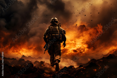 Military soldier at war zone with burning flames and explosion