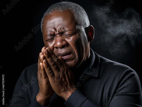  An elderly man, with visible distress on his face, holds his hands together near his face, enveloped in a smoky ambiance, seeking help, prayer © DigitalArt