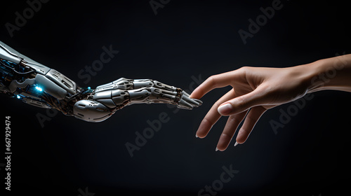 A female hand and a cyborg hand with exposed cables, on the verge of connecting. A human-machine moment, a fusion of touch and technology. Artificial anatomy. Created using Generative AI technology