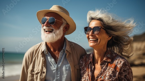 A smiling elderly couple enjoys a sunlit day at the beach, with the man wearing sunglasses and a hat, and the woman's hair flowing in the breeze. © DigitalArt