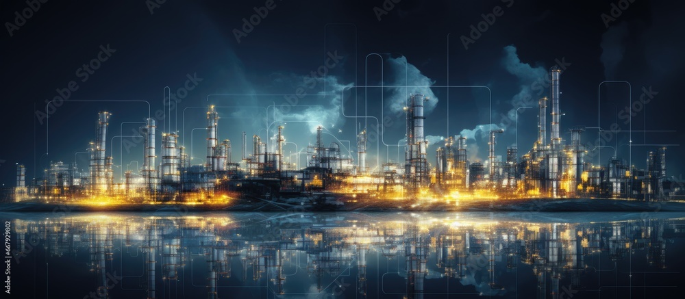 Next generation energy business concept depicted through creative graphic design incorporating a futuristic factory and refinery