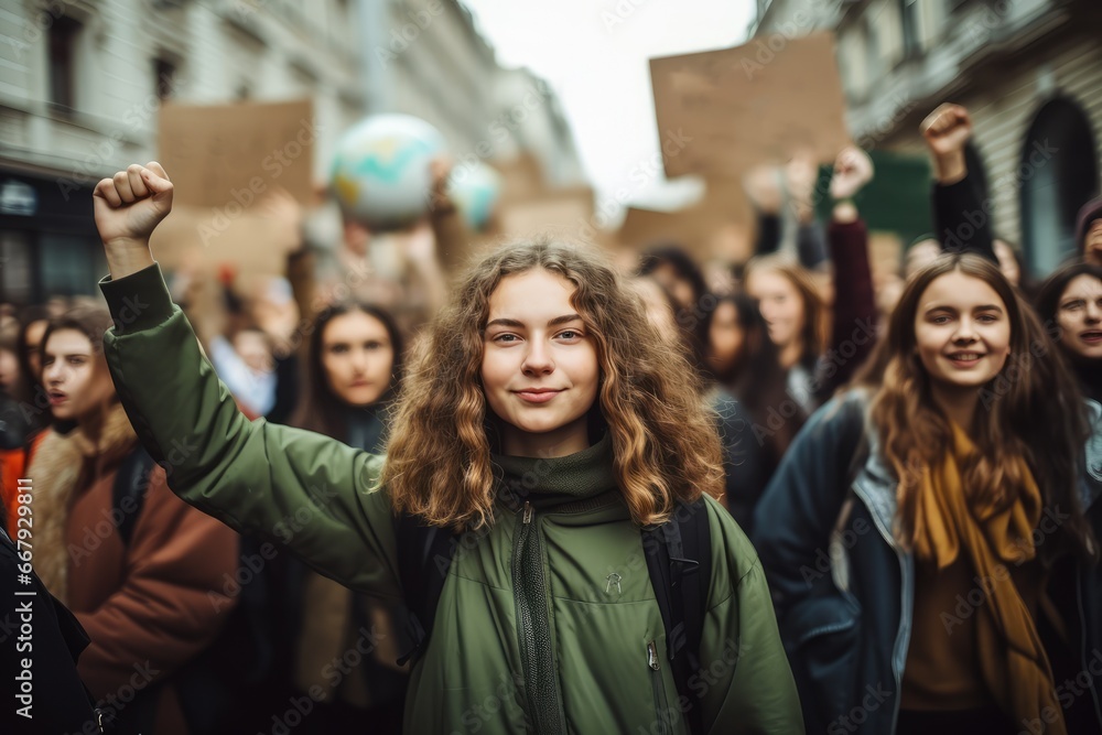 Group of people protesting on the streets for climate change - obrazy, fototapety, plakaty 