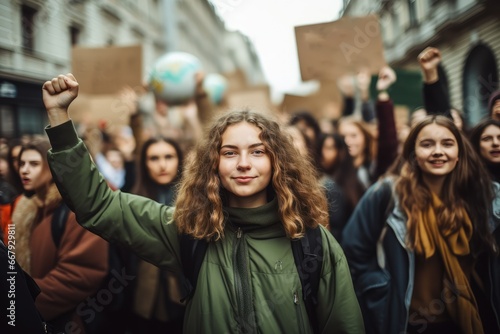 Group of people protesting on the streets for climate change photo