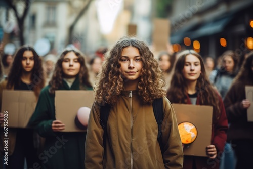 Group of people protesting on the streets for climate change photo