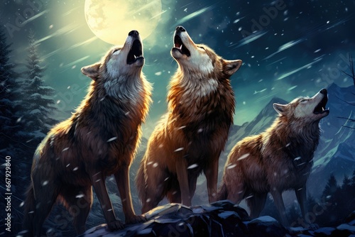 A pack of wild wolves howling under the starlit sky.