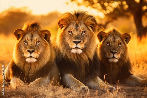 A pride of lions resting under the savannah sun.