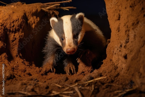 A badger emerging from its burrow at twilight.