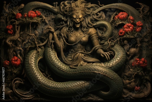 Serpentine naga, possessing both human and snake-like features, with vast wisdom - Generative AI photo