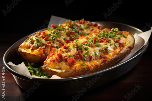 A pizza in a pan on a table, loaded baked potato skins