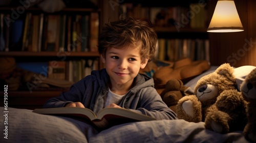 A young boy reading a book in bed with a bear. Generative AI.