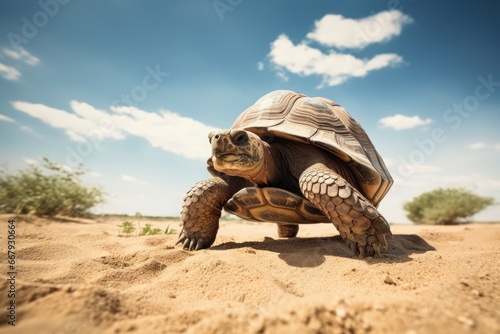 A tortoise slowly journeying across a sandy path.