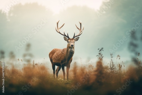 A wild deer grazing in a misty morning meadow.