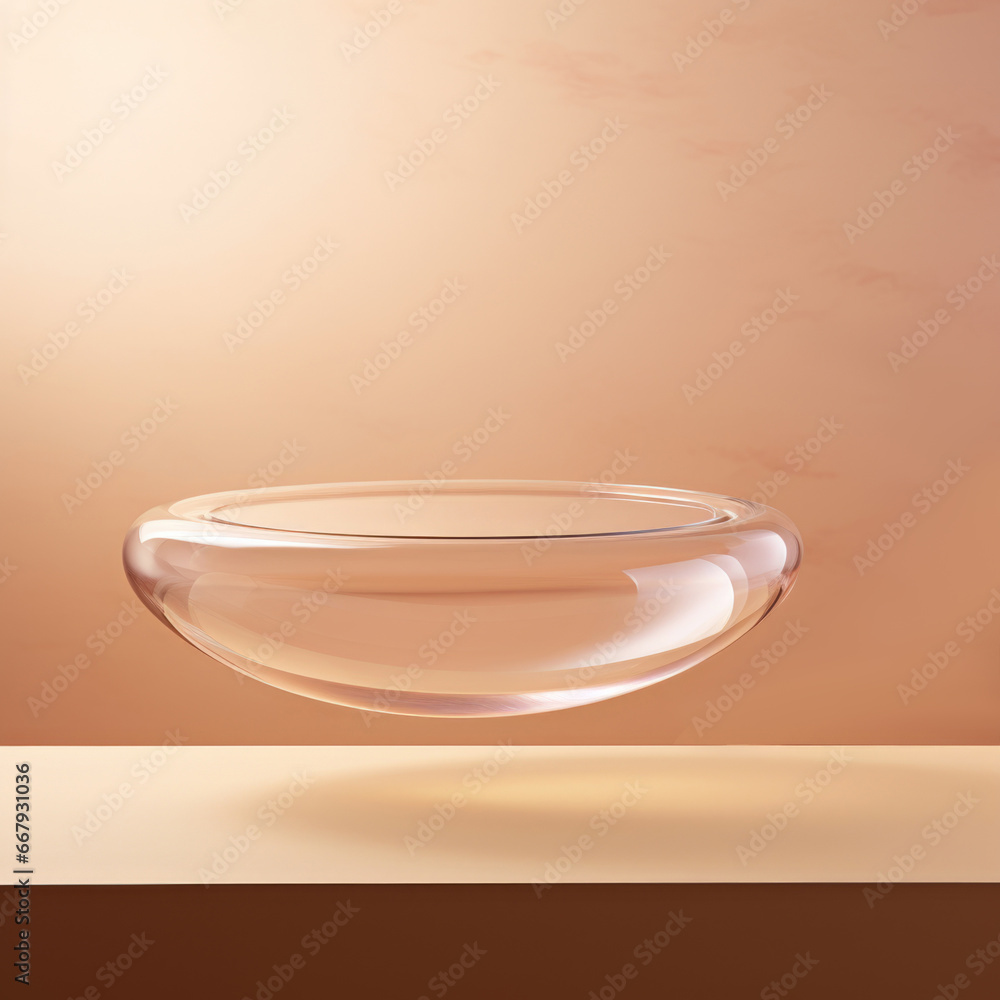 A glass bowl sitting on top of a table, glass podium, pedestal. A glass bowl sitting on top of a table, glass podium, pedestal.