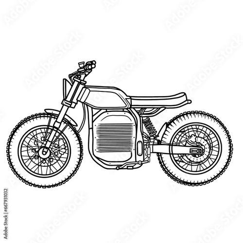 Electric motorcycle retro concept. Electric Vehicle (EV) hand drawn sketch, suitable for your custom electric motorcycle, outline vector illustration, side view, isolated with white background