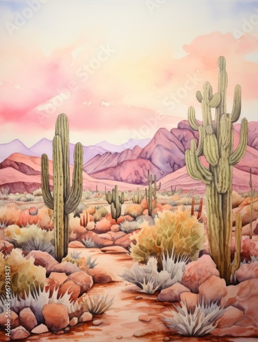 Cactus in desert watercolor painting illustration. Valentine, Woman's day and Mothers day concept, art for design poster, greeting card, banner, wedding invitation photo