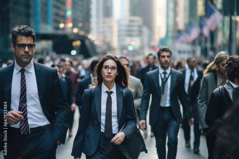 Busy business people walking in financial district. Busy business people walking in financial district.