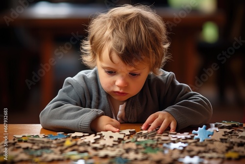 Confusion of a toddler with a jigsaw puzzle.