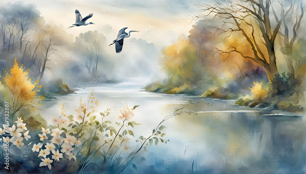 Fototapeta premium Digital watercolor illustration of a foggy morning with a river, flowers, branches, herons standing in the water and flying falling leaves
