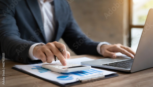 Businessman analyzing and calculating financial data for long term investment growth goals and company finance balance, Business strategy and planning of target. Economic analysis of Digital marketing