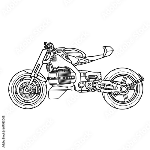 Electric motorcycle futuristic concept. Electric Vehicle (EV) hand drawn sketch, suitable for your custom electric motorcycle, outline vector illustration, side view, isolated with white background