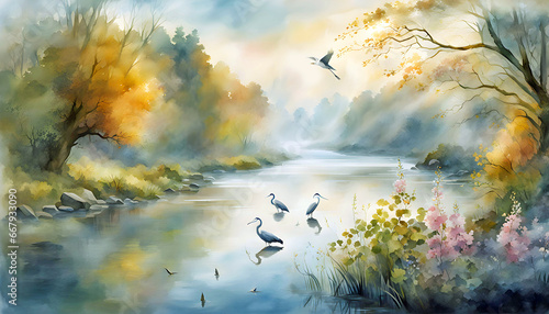 Digital watercolor illustration of a foggy morning with a river, flowers, branches, herons standing in the water and flying falling leaves photo