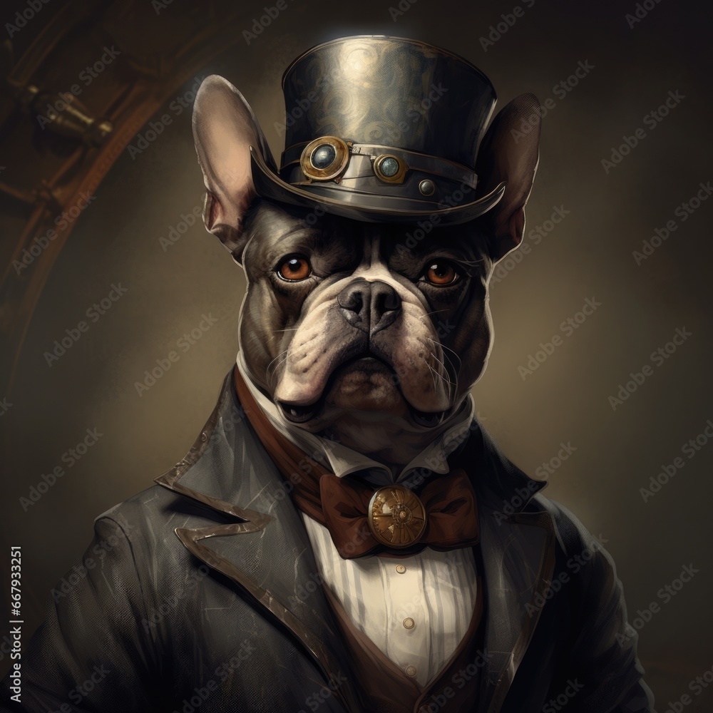 A painting of a bulldog dog wearing a top hat. Generative AI. A painting of a bulldog dog wearing a top hat. Generative AI.