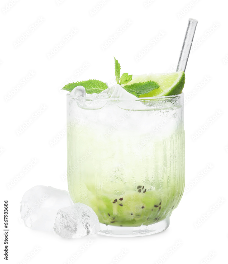 Glass of refreshing drink with kiwi, lime and mint isolated on white Glass of refreshing drink with kiwi, lime and mint isolated on white