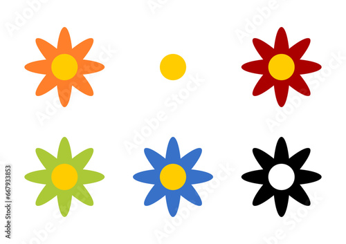 Colorful White Red Green Orange Yellow Blue and Black Daisy Chamomile Flower Symbol Icon Set. Vector Image.