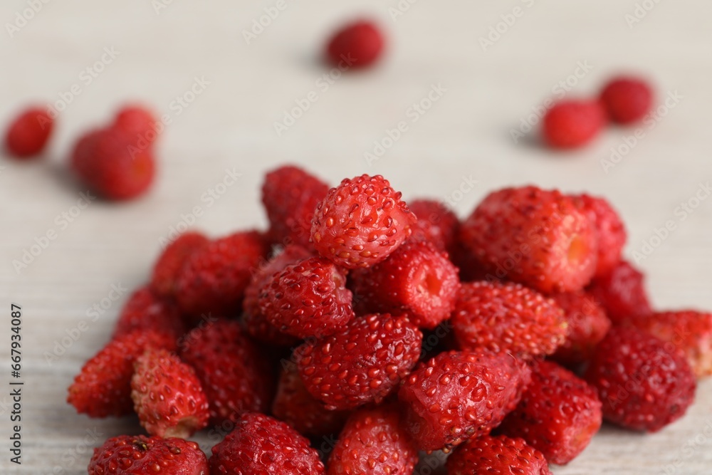 Pile of wild strawberries on white wooden table, closeup Pile of wild strawberries on white wooden table, closeup