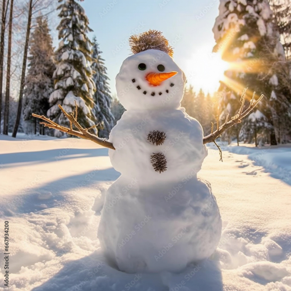 Fototapeta premium Panoramic view of happy snowman in winter