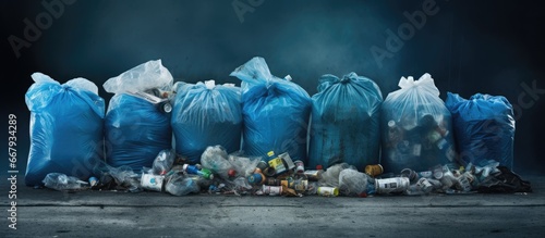 Trash filled blue bins on the ground alongside plastic bags photo