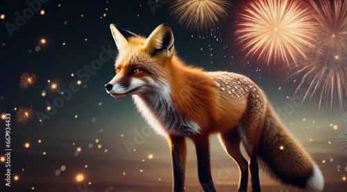 Fox against new year firework background with space for text, background image, AI generated © Hifzhan Graphics