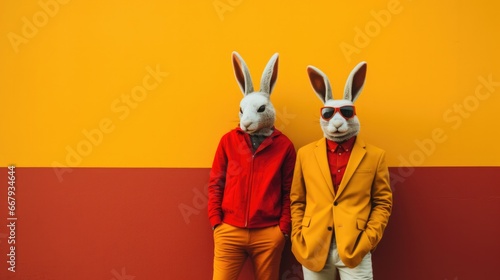 Two cool rabbits are standing next to each other. Ren and yellow background. Generative AI. photo