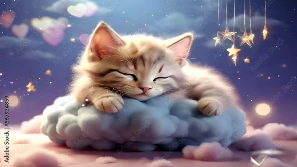 Cartoon baby lullaby, cute and adorable kitten sleeping on a cloud on a ...