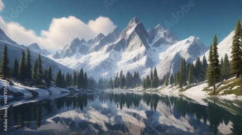 An alpine lake nestled in a pristine mountain valley, surrounded by towering snow-capped peaks, and reflecting the sky like a mirror, background image, AI generated