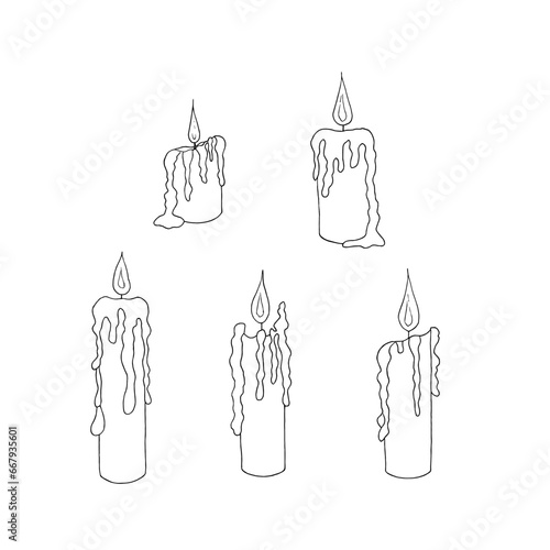 Set of hand drawn candles. Vector illustration. For coloring, cards, printing, packaging, invitations, business cards, advertising