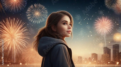 beautiful girl standing against new year firework background with space for text, background image, AI generated
