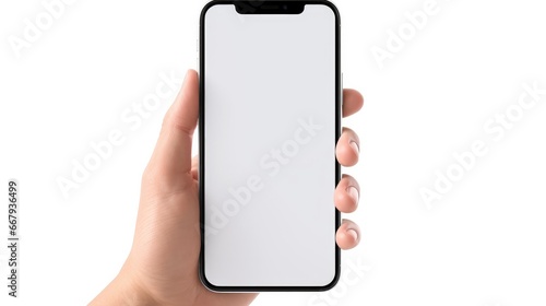 Mobile phone mockup with blank white screen in human hand, 3d render illustration put on a sweater, hold a smartphone Mobile digital device in arm isolated on white photo