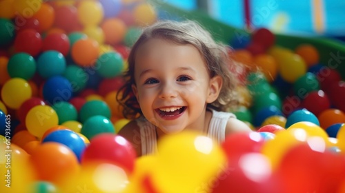 little girl smiling, playing in a ball pit