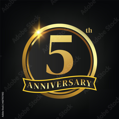 5th golden anniversary logo,with Laurel Wreath and gold ribbon Vector Illustration