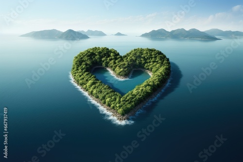 Heart-shaped island in the middle of a serene blue ocean.