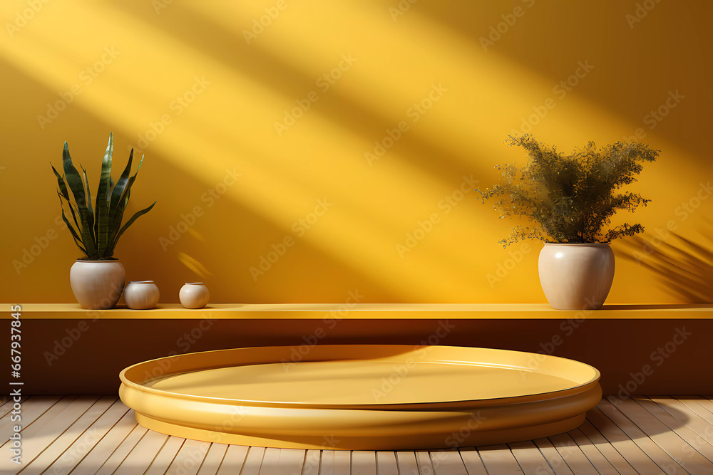 A minimalistic empty podium with yellow wall and sunlight background. Showcase for the presentation of natural products and cosmetics.