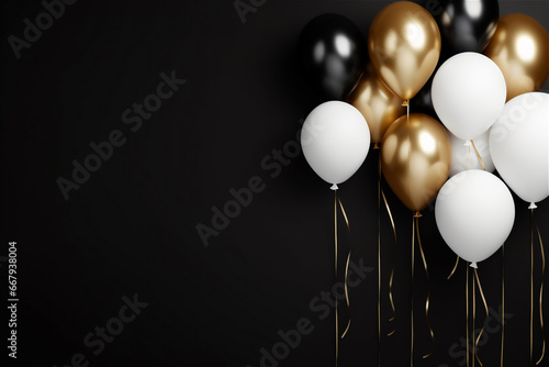 black, white and gold balloons on black background with copy space for black friday sale