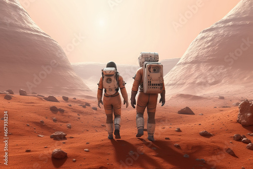 Fototapete Senior couple walking on mars back view, concept of Exploring new frontiers