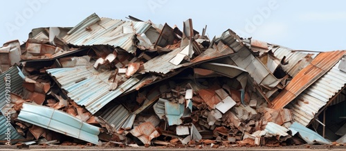 Roof structures of industrial building collapsed resulting in a pile of debris