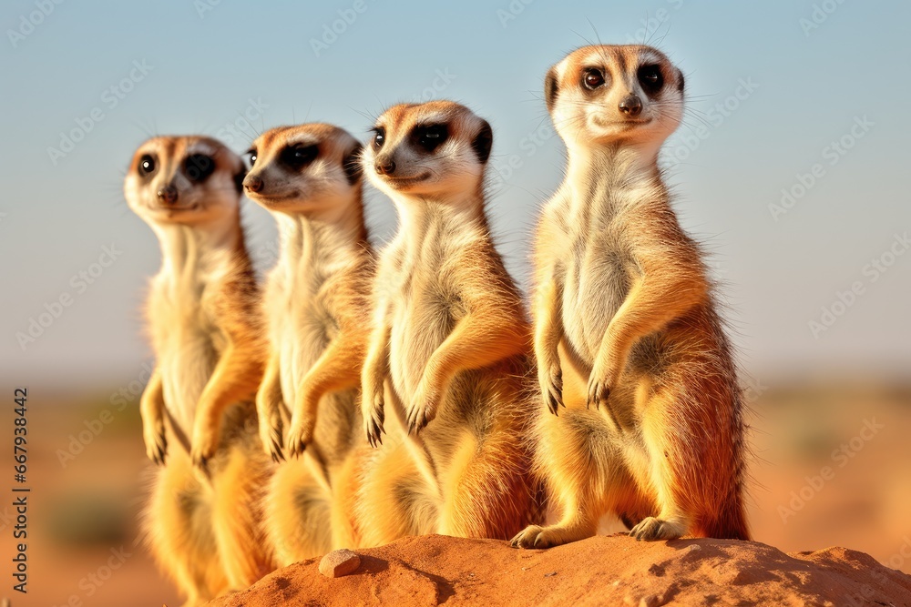Inquisitive meerkats standing tall on a desert lookout. Inquisitive meerkats standing tall on a desert lookout.