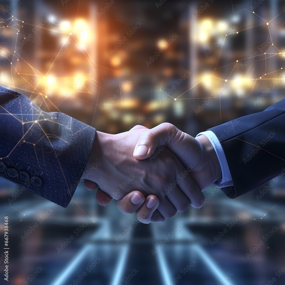 Two men shaking hands to solidify a business deal city view and  digital cyber overlay are in the background. - Generative AI - obrazy, fototapety, plakaty 