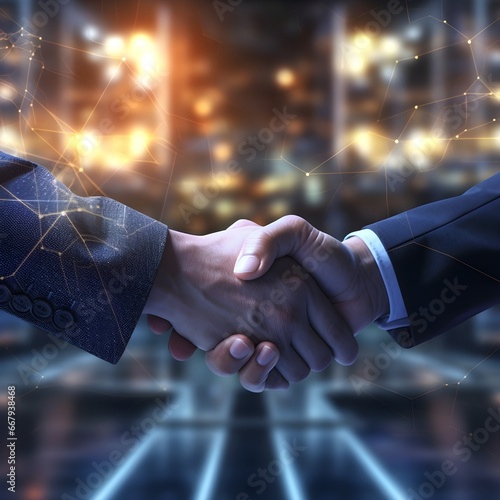 Two men shaking hands to solidify a business deal city view and  digital cyber overlay are in the background. - Generative AI photo