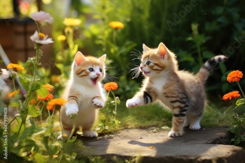 Playful kittens exploring a garden.