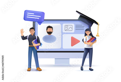 Educational web seminar, internet classes, professional 3D character personal teacher service. Webinar, digital classroom, online teaching metaphors vector illustration. Online tutorials 3D